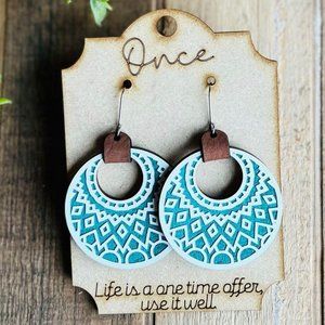 New wood engraved circle mandala turquoise earrings with positive affirmation